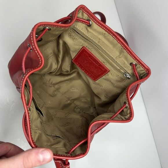 Vintage Coach Legacy Red Leather Drawstring Backpack Purse Buckle Designer - Picture 9 of 13